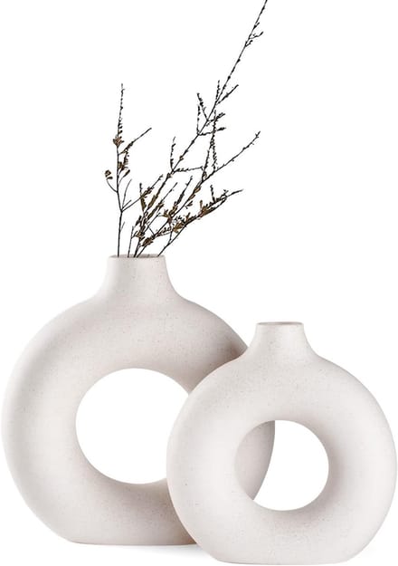 Famanu – Set van 2 witte keramische donut-vazen - rond - modern - pampasgras - neutraal - boho - Scandinavisch