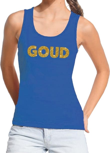 Bellatio Decorations feest tanktop voor dames goud - glitter tekst - foute party/carnaval - blauw M