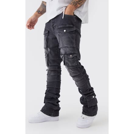 Skinny Stacked Multi Cargo Pocket Flared Jeans | Mid Grey | Size 36R