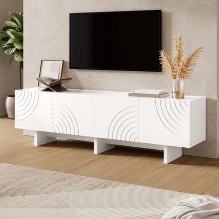 TV-Meubel - Lowboard met 4 Deuren en Geometrisch Boogpatroon - Opbergruimte - Wit
