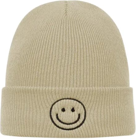 Beanie - Muts - Smiley - Beige - Acryl - One Size- Ski muts- ski vakantie outfit- warme muts- ski kleding.