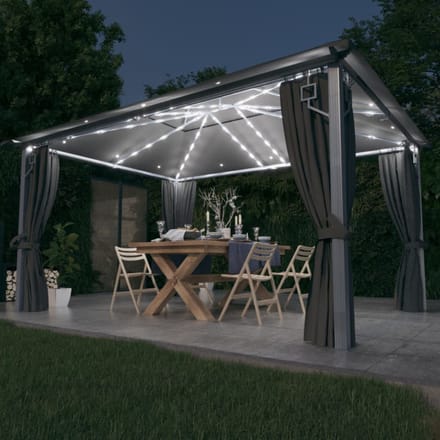 vidaXL - Prieel - met - gordijn - LED-lichtslinger - 4x3 - m - aluminium - antraciet