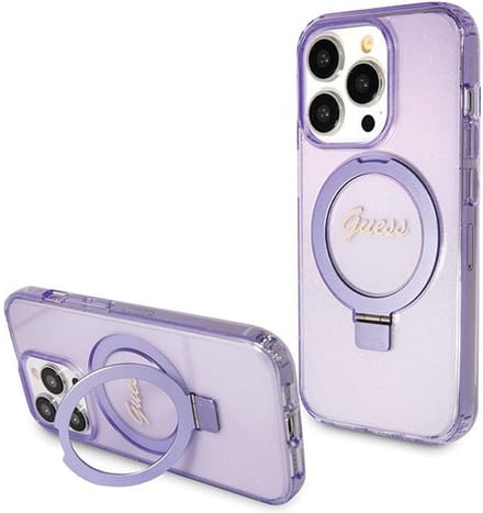 GUESS Ring Stand Script Glitter MagSafe case for iPhone 13 Pro / 13 - purple