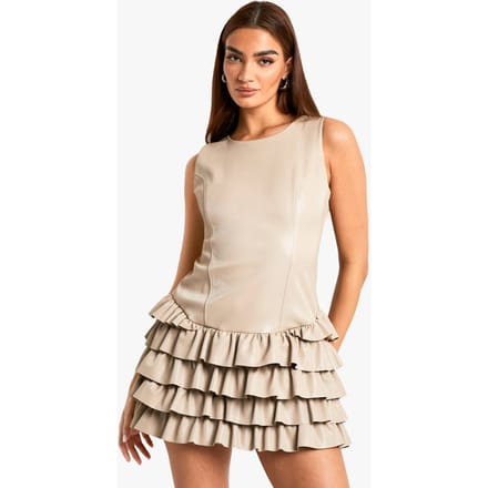boohoo Dames PU Ruffle Hem Mini Jurk | Steen | Maat: 38