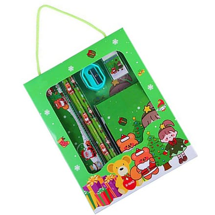 Set de papeterie de Noël Multiusage Innovant Exquis Mignon Dessin Animé Crayon Gomme Règle Taille-crayon Bloc-notes Ensemble green