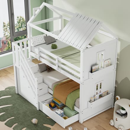 Sweiko Stapelbed - 90x200cm - Opbergtrap - Laden - Dennenhout - Zonder matras - Wit