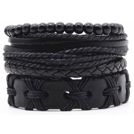 Leren armbanden set met houten kralen zwart
