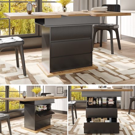 Uitschuifbare eettafel 110-140x80x75 cm - uitschuifbare keukentafel met drie opbergplanken - zwart