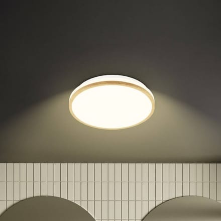 Briloner LED plafondlamp Acorus, Ø 28 cm, wit/houtkleur, IP44