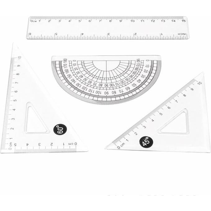 Ensemble de règles de géométrie mathématique en plastique transparent, 4 pièces, comprend une règle droite de 6 pouces et 2 triangles transparent