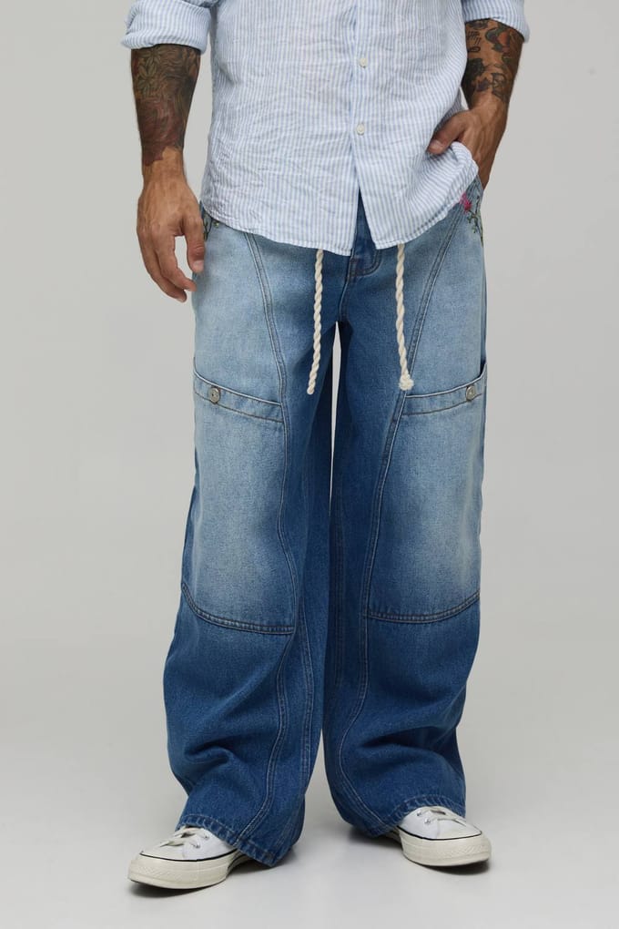 Baggy Stijve Jeans Met Bloemig Touwriem | Blue | Size 36R