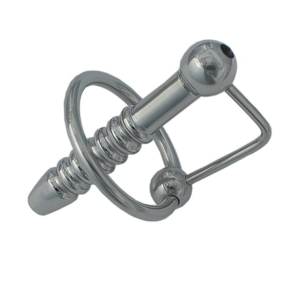 Holle geribbelde metalen penisplug 12 mm met eikelring