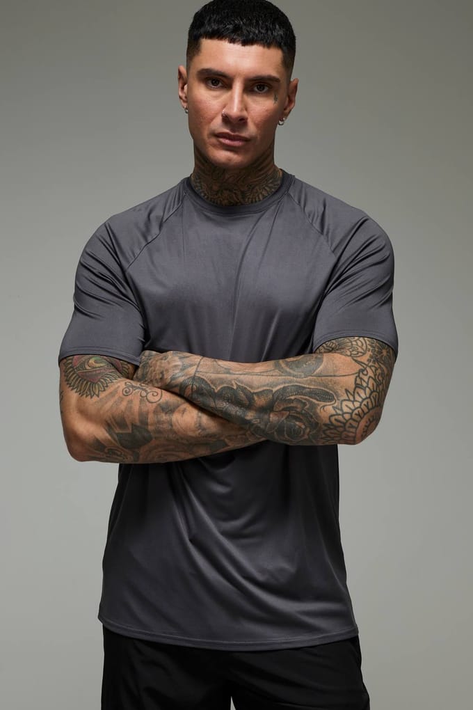 Tall Men's Active Lightweight Essentials Gym Regular Fit Raglan T-shirt | Charcoal | Size Medium