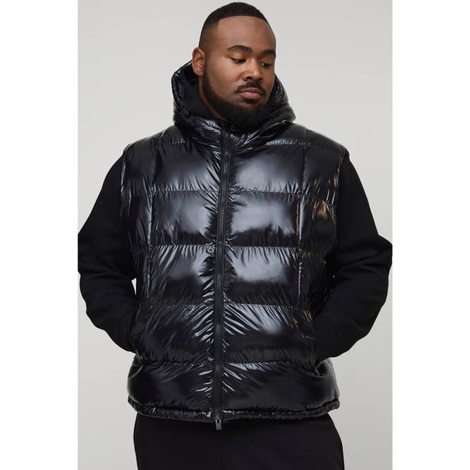Plus Regular Fit High Shine Geplocht Met Capuchon Puffer Gilet | Black | Size 2XL