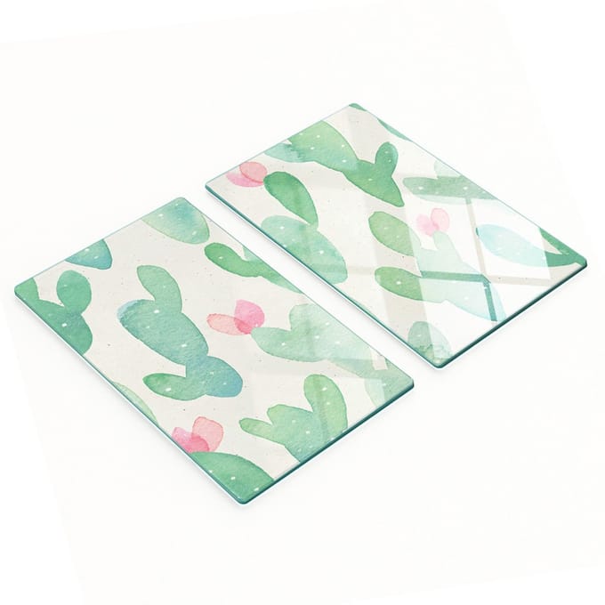 Decoratieve snijplanken van glas met aquarelprint, cactusmotief, 2x30x52 cm