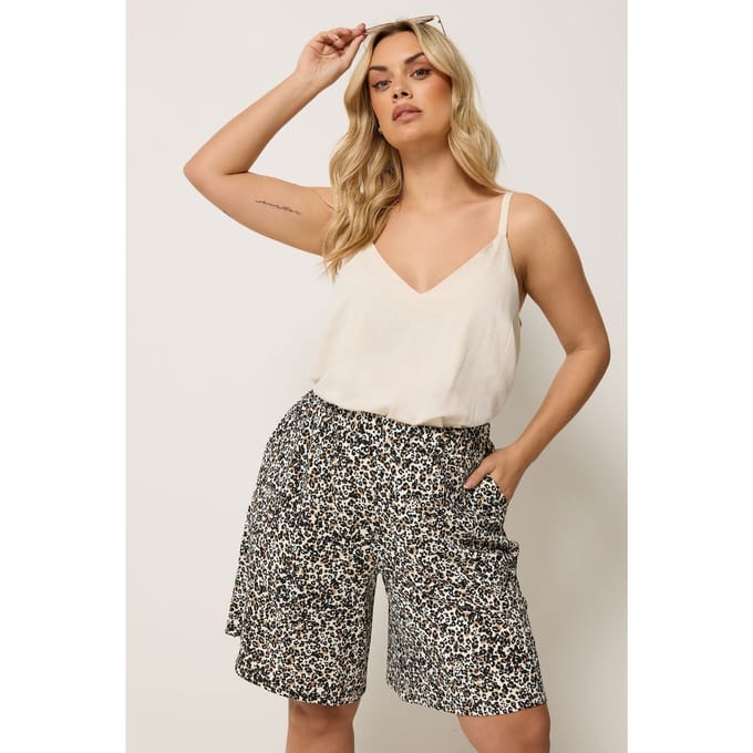 Yours Bruine Getextureerde Shorts Met Luipaardprint Size 48