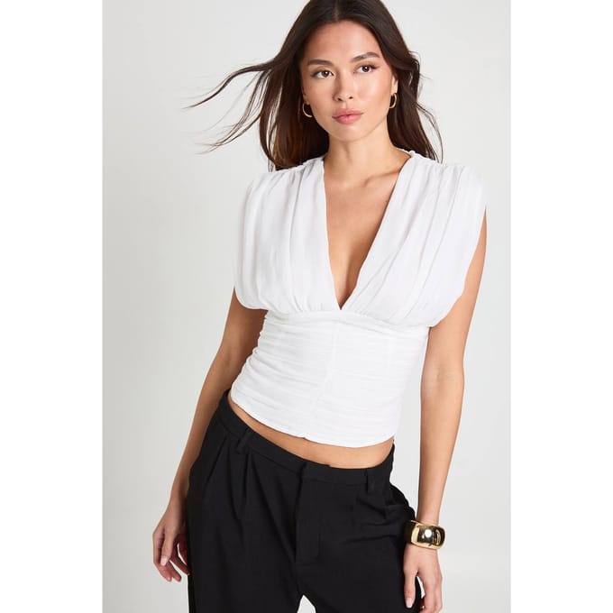 boohoo Dames Geplooide chiffon top met diepe V-hals | White | Maat: 10