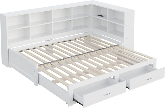 COVREO Bed 180x190 cm wit met opbergruimte en uitschuifbed zonder matras