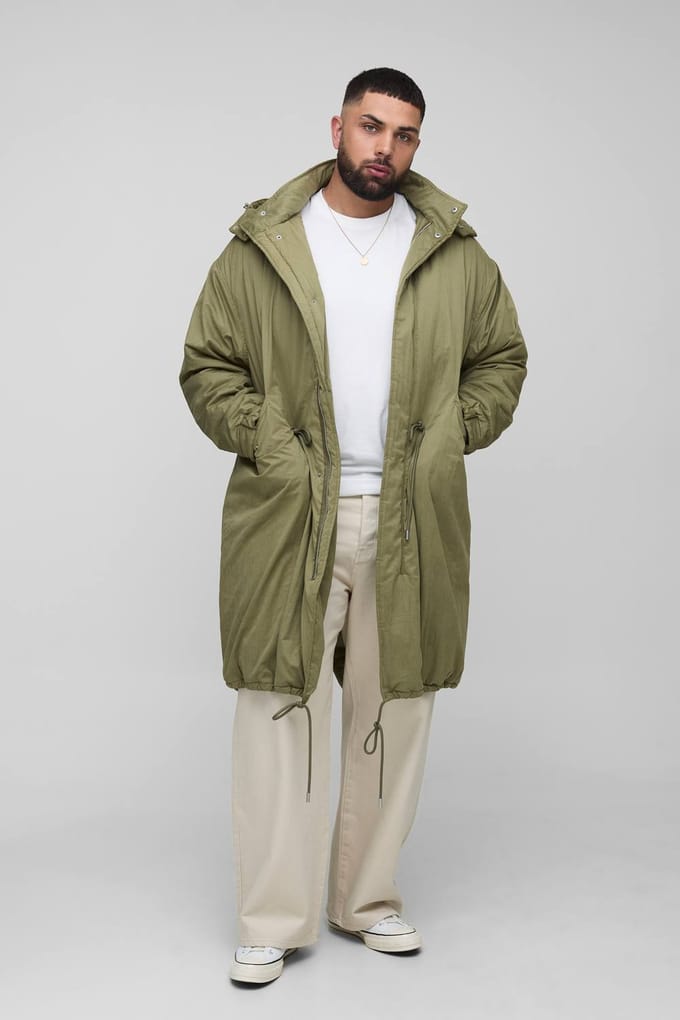 Plus Regular Fit parka-jas in geborsteld nylon met trechterkraag en middellange lengte | Khaki | Size 2XL