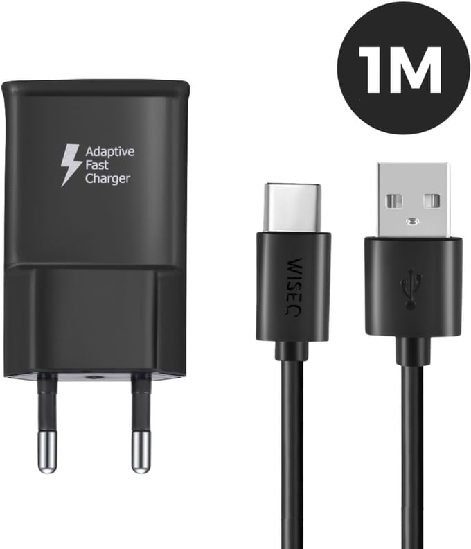 WiseQ Oplader USB C - Geschikt voor Samsung - 18W Fast Charger - Inclusief USB C Kabel 1 Meter - Zwart