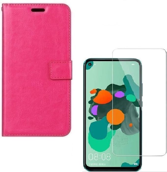 hoesje Geschikt voor: Huawei Mate 30 Lite Portemonnee roze met 2 stuks Glas Screen protector