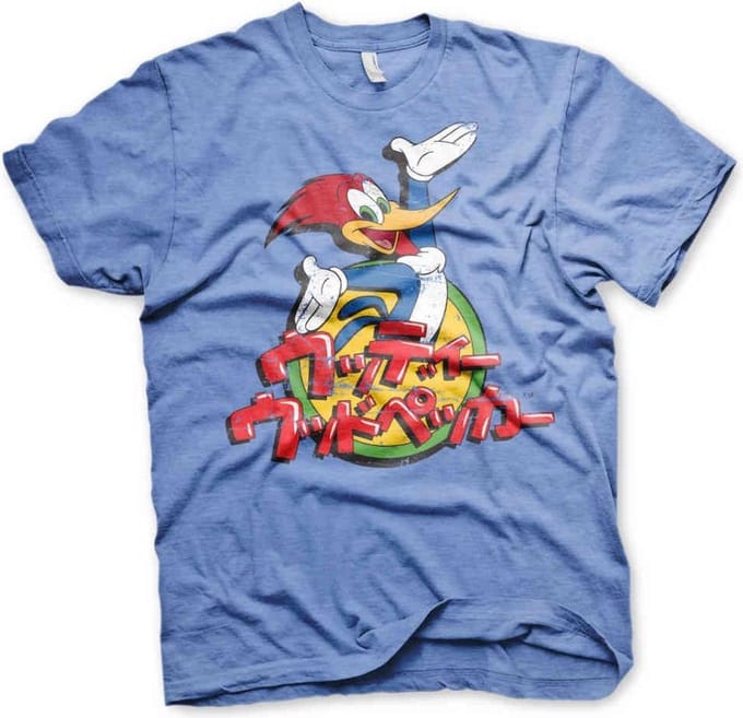 Woody Woodpecker Heren Tshirt -L- Washed Japanese Logo Blauw