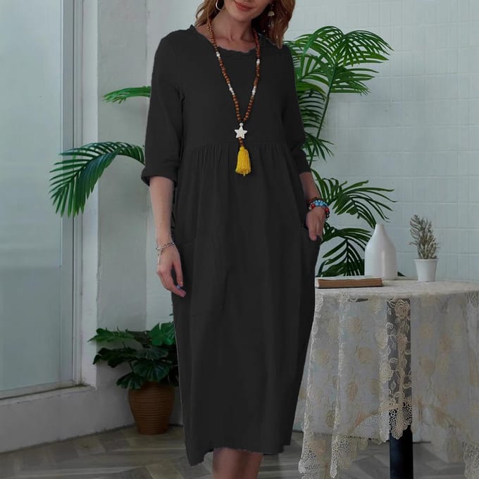 Dames Midi-jurk Dames Effen Kleur Korte Mouwen Ronde Hals L