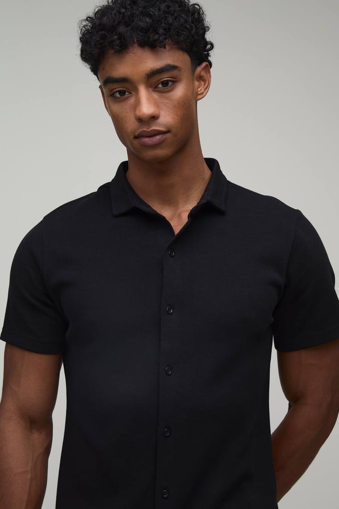 Slim Fit Piqué Overhemd Met Button-down Kraag Van Jersey | Black | Size Small