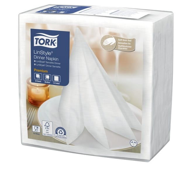 Dinerservet Tork Linstyle Premium 1/4 vouw 1-laags 390x390mm 50 vel wit 478722