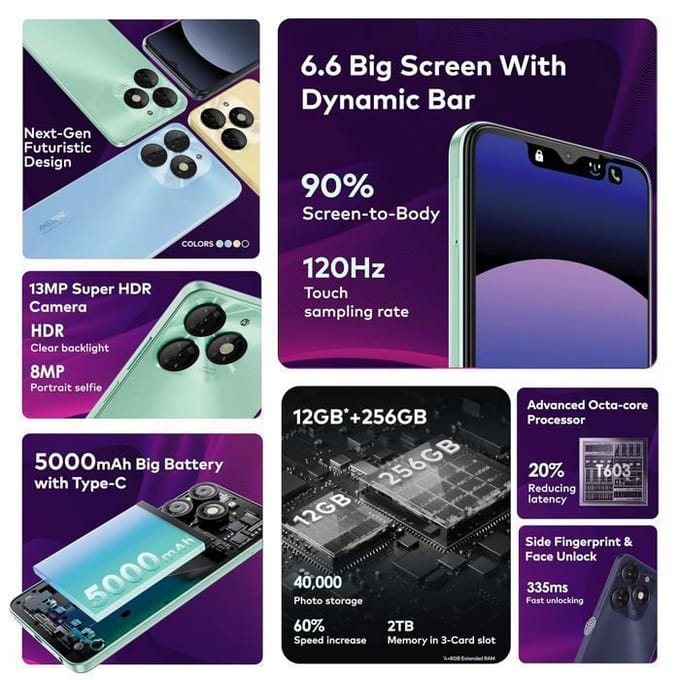 Smartphone A70 12GB+256GB Scherm 6.6  120Hz Batterij 5000mAh 13MP Camera Telefoon Android 13 Mobiele Telefoon Dual SIM/NFC Blauw