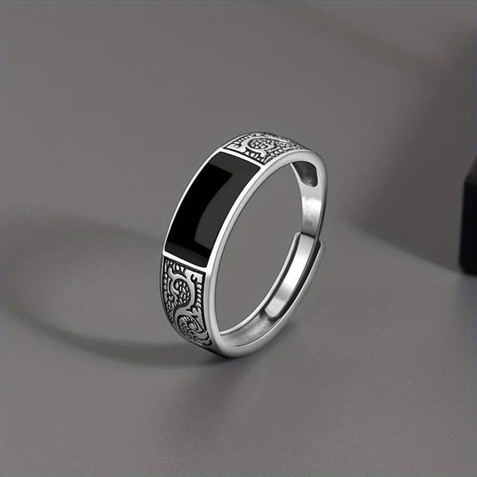 Verstelbare Koperen Vintage Drakenring Heren Mode Statement Piece met Zwarte Onyx Steen, Gedetailleerd Ontwerp black