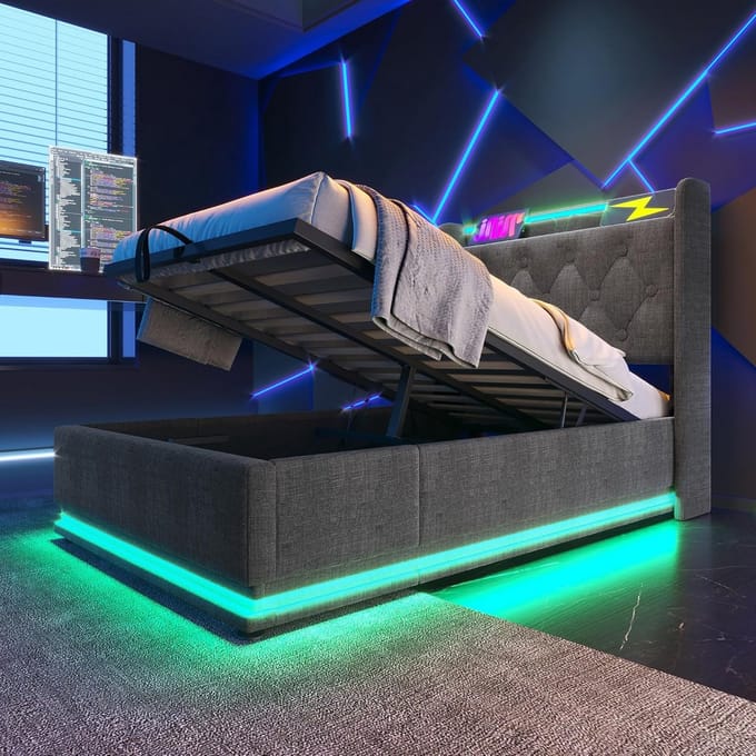 Gestoffeerd Eenpersoonsbed 90 x 200 cm met USB en LED Verlichting