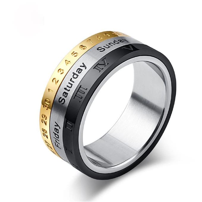 Bague Calendrier en Acier Titane Chiffres Romains Bague Heure pour Homme 11#