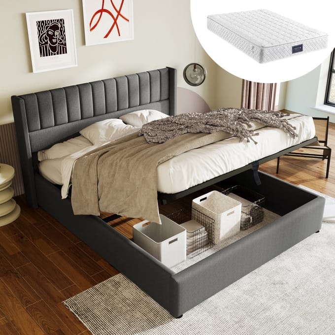 MODFU Bedframe 140x200 cm – grijs linnen – met hydraulische opbergruimte en lattenrost