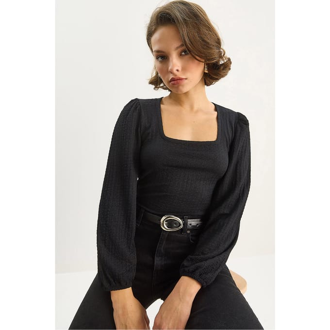 Slim Fit Vierkante Hals Textuur Blouse