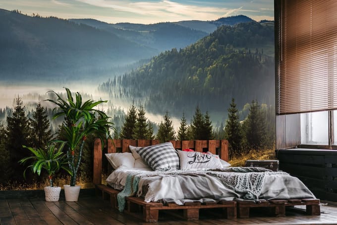 Fotobehang - Bergen - Bomen - Mist - Landschap - Vliesbehang - (368 x 254 cm)