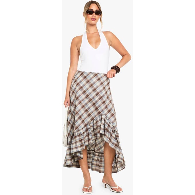 boohoo Dames Bekijk Ruffle Asym Midi-rok | Brown | Maat: 6