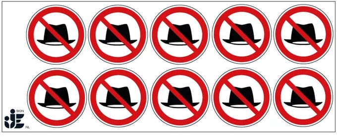 Hoeden verboden verbodssticker | 5 cm - 10 stuks per vel