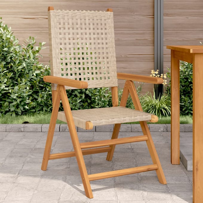 vidaXL - Opklapbare - stoelen, - 2 - stuks, - beige, - massief - acaciahout - en - polyrotan.
