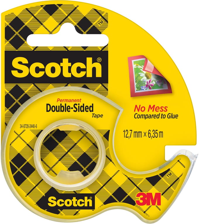 Plakband scotch 665 12mmx6.3m dubbelzijdig + Afroller