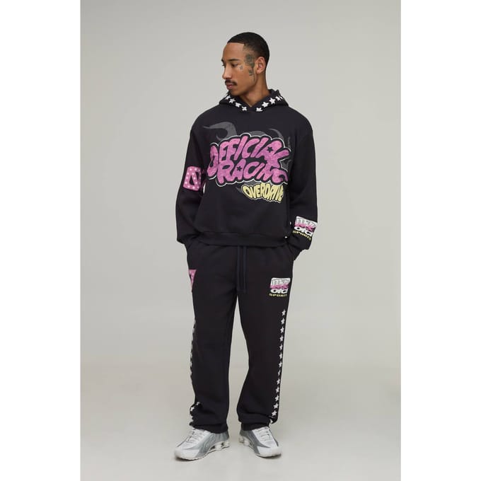 Oversized Boxy Moto Grafische Puff Print Trainingspak Met Capuchon | Black | Size Medium