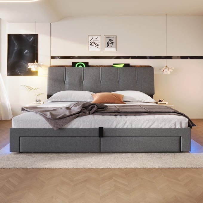 MODFU Gestoffeerd Bed - Opbergruimte En USB-C - Modern - Voor Slaapkamer - Linnen - Grijs - 180 X 200 Cm