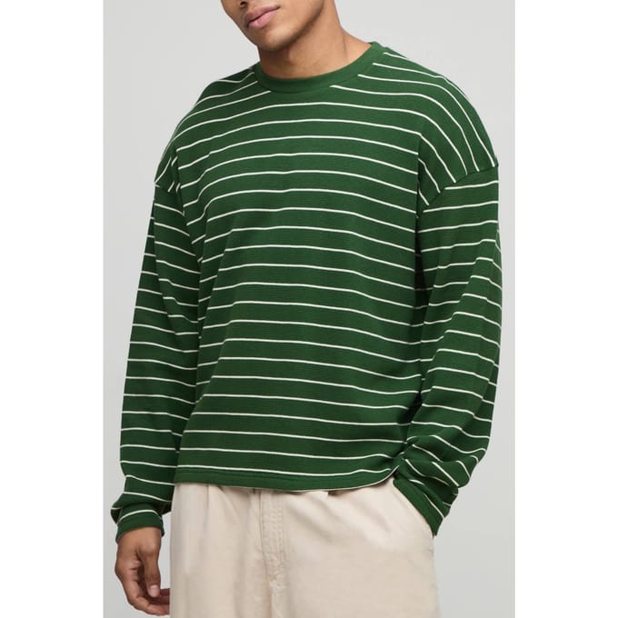 Oversized Gestreept Zwaargewicht Lange Mouw Wafel T-Shirt | Forest | Size Medium