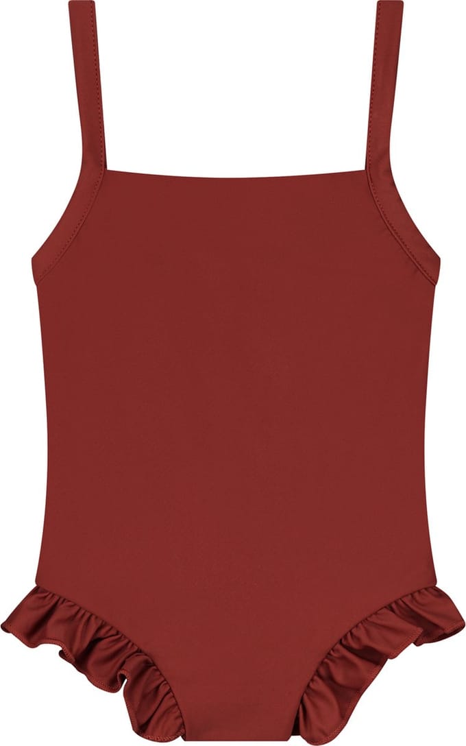 Supercute badpak bruin/rood met bandjes maat 110