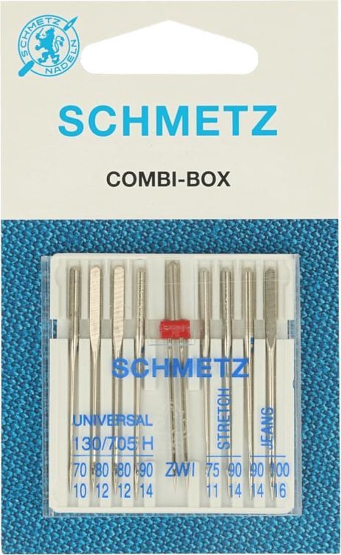 SCHMETZ, COMBI BOX, 9 VERSCHILLENDE NAAIMACHINE-NAALDEN, PER PAKJE.