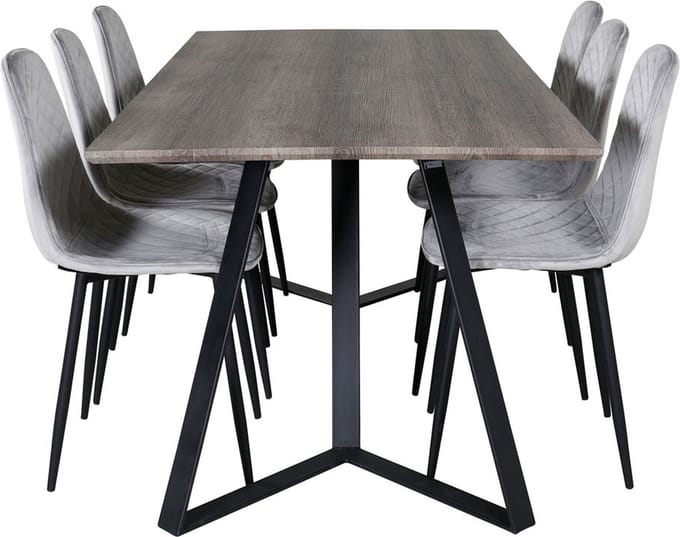 MarinaGRBL eethoek eetkamertafel el hout decor grijs en 6 Polar Diamond eetkamerstal velours grijs.