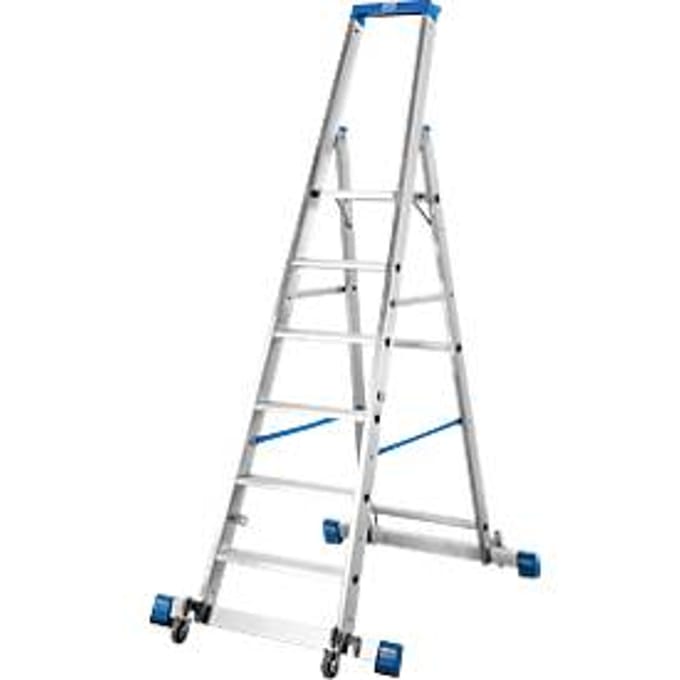 Trapladder, met 6 treden, aluminium, verrijdbaar met dwarssteun