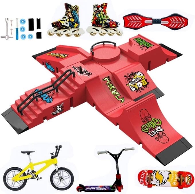 Vingerboard Skate Park Kit - Mini Skatepark - Fingerspel Training - DIY Montage - 13 stuks - Rood