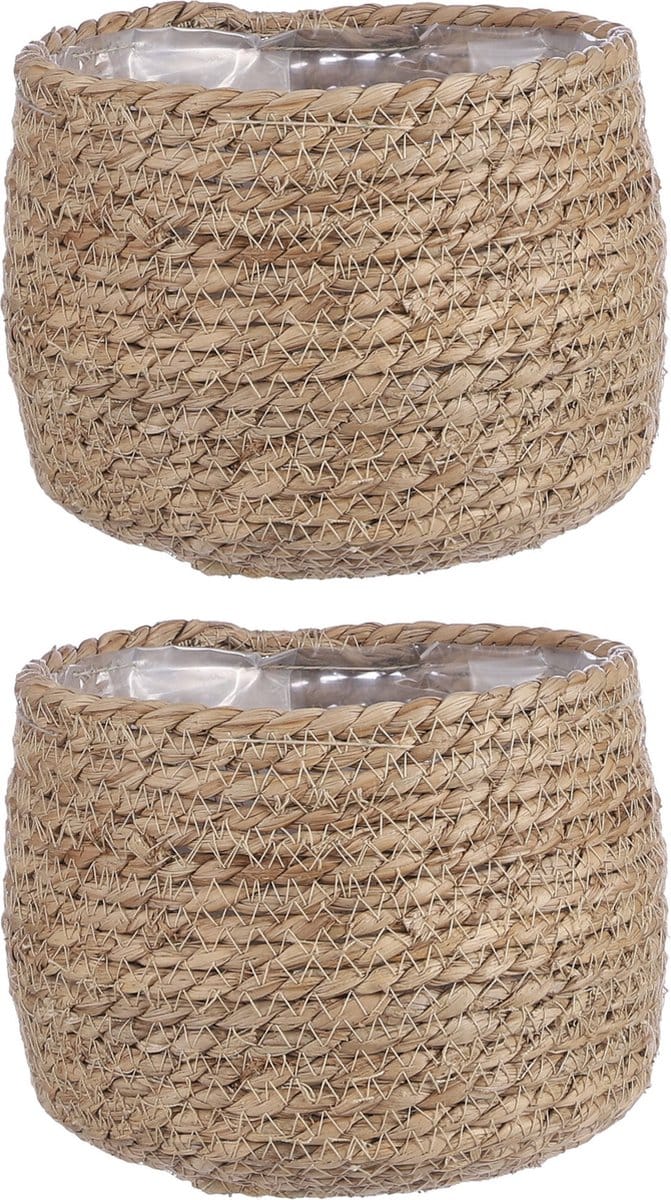Mica Decorations Bloempot - 2x - rotan - beige - jute - 18 x 15 cm - Met plastic binnenkant