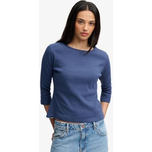 Superdry Athletic Essentials Pointelle Halve Mouw Top Blauw Grootte: 42